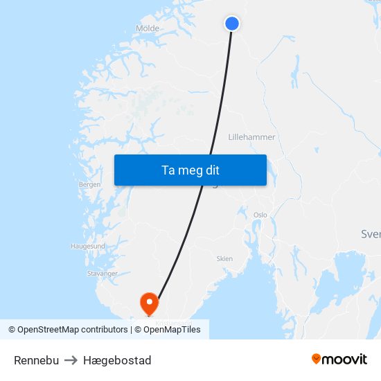 Rennebu to Hægebostad map