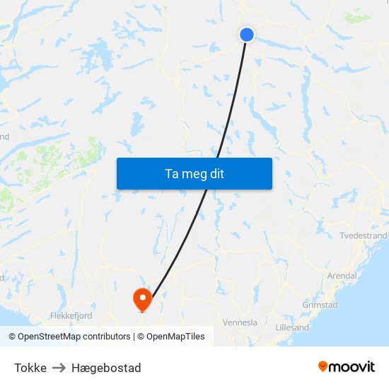 Tokke to Hægebostad map