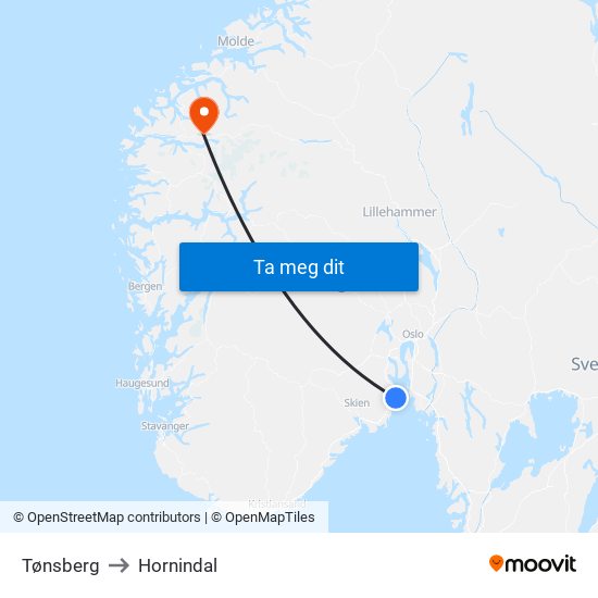 Tønsberg to Hornindal map