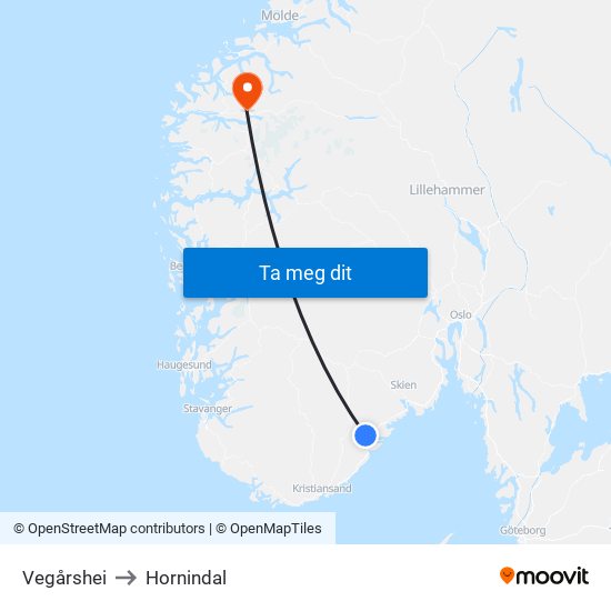 Vegårshei to Hornindal map