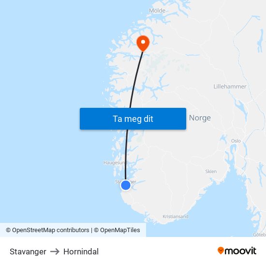 Stavanger to Hornindal map