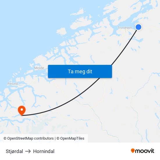 Stjørdal to Hornindal map
