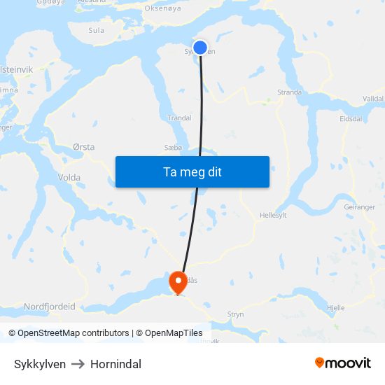 Sykkylven to Hornindal map