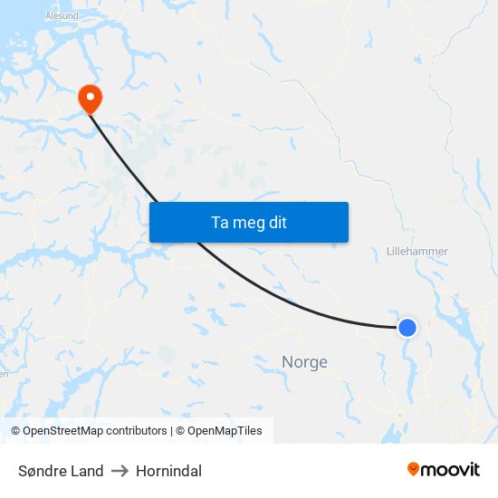 Søndre Land to Hornindal map