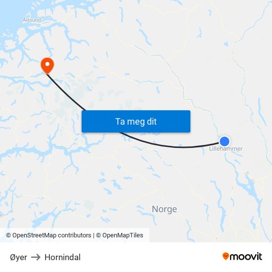 Øyer to Hornindal map