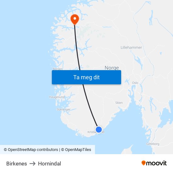 Birkenes to Hornindal map