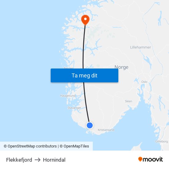 Flekkefjord to Hornindal map