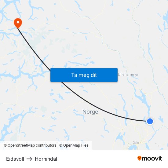 Eidsvoll to Hornindal map