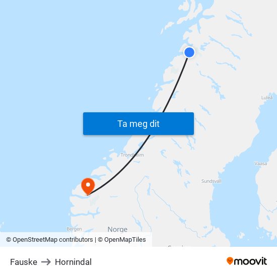 Fauske to Hornindal map