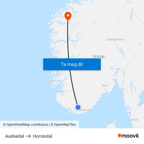 Audnedal to Hornindal map