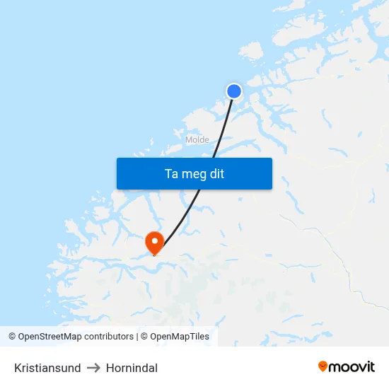 Kristiansund to Hornindal map