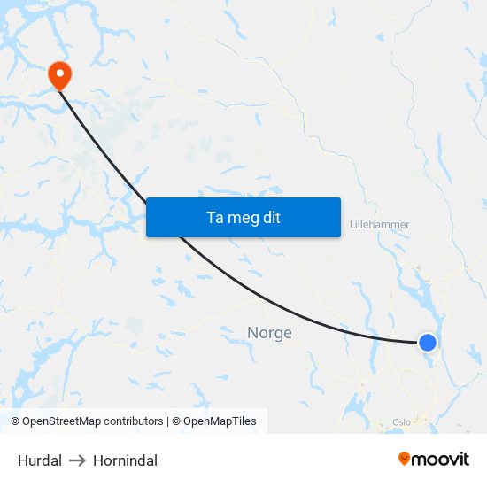 Hurdal to Hornindal map