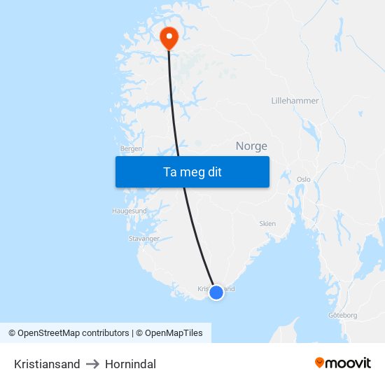 Kristiansand to Hornindal map