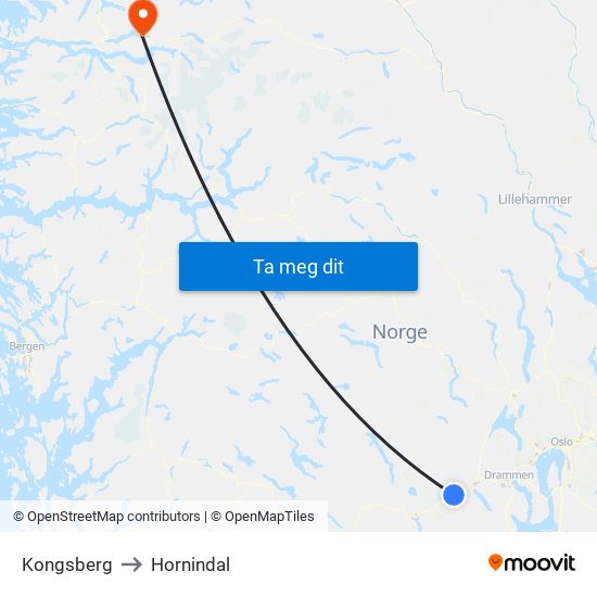 Kongsberg to Hornindal map