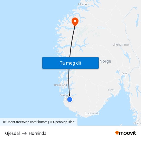 Gjesdal to Hornindal map