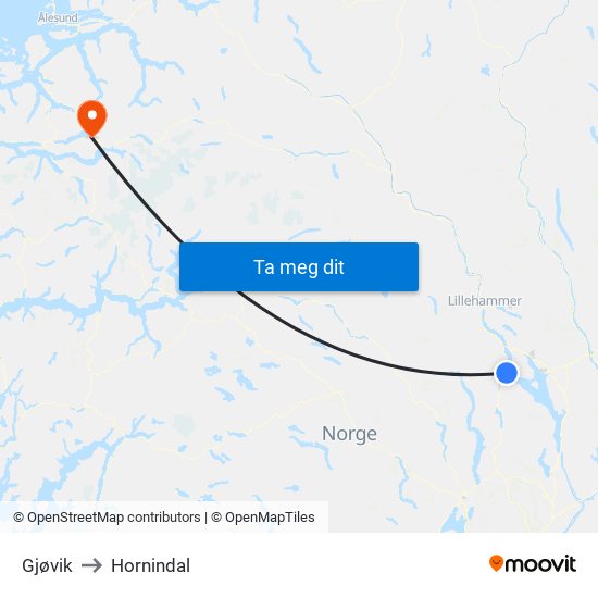 Gjøvik to Hornindal map