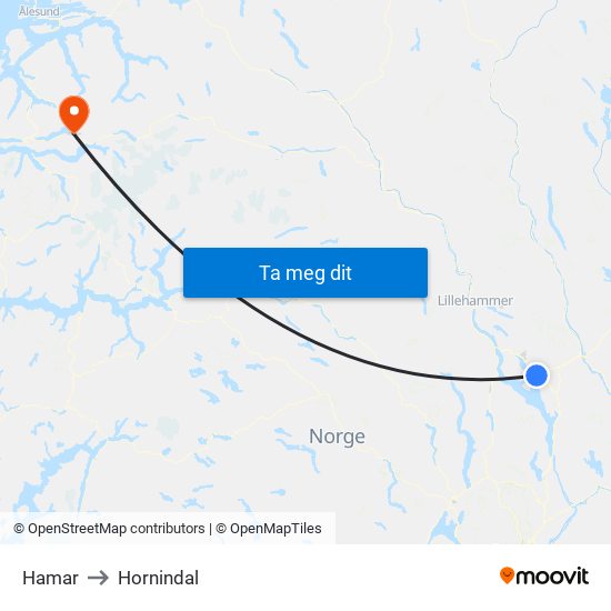 Hamar to Hornindal map