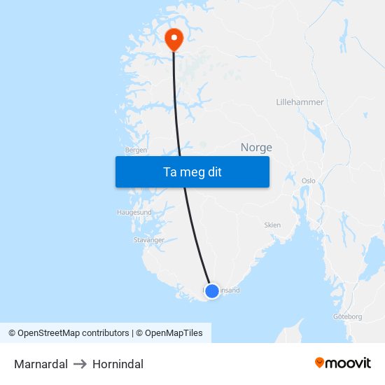 Marnardal to Hornindal map