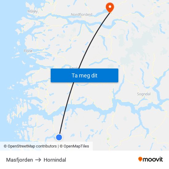 Masfjorden to Hornindal map