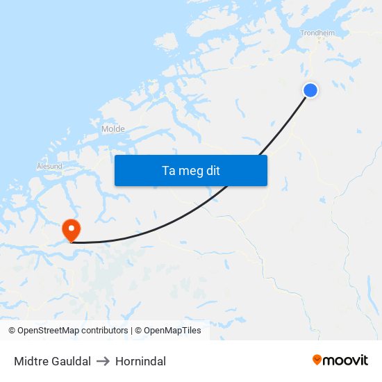 Midtre Gauldal to Hornindal map