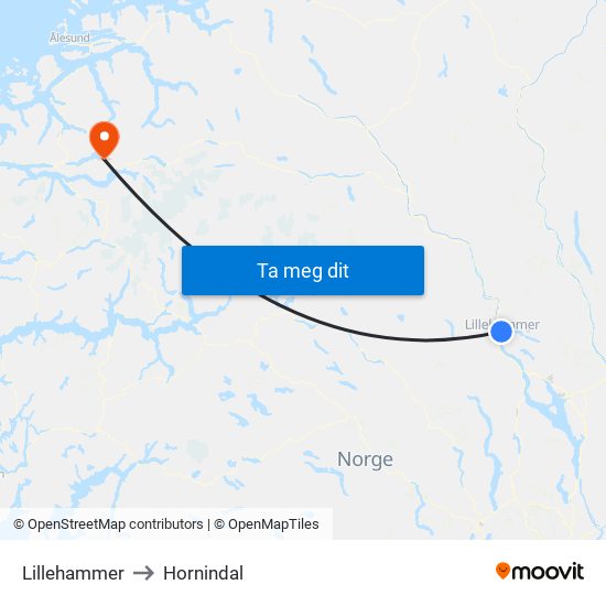 Lillehammer to Hornindal map