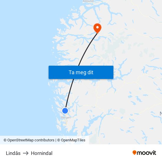 Lindås to Hornindal map