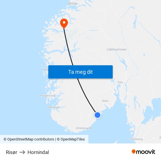 Risør to Hornindal map