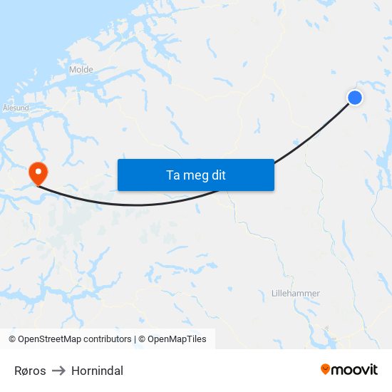 Røros to Hornindal map