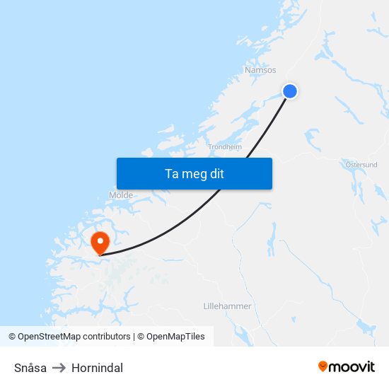 Snåsa to Hornindal map