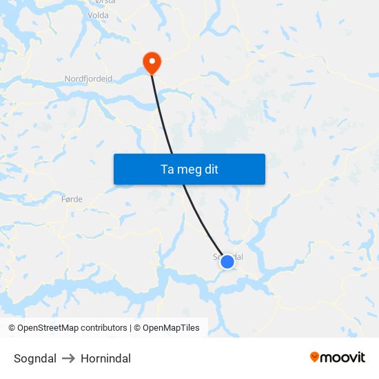 Sogndal to Hornindal map