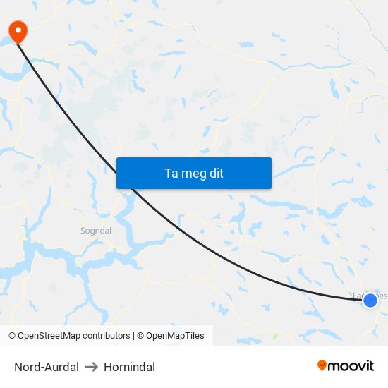 Nord-Aurdal to Hornindal map