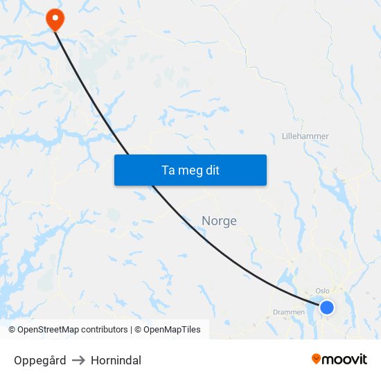 Oppegård to Hornindal map