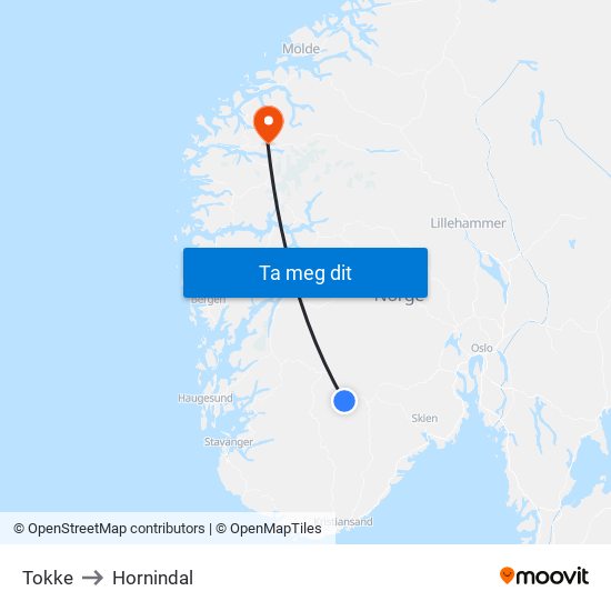 Tokke to Hornindal map