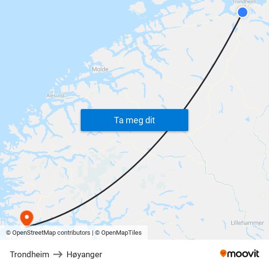 Trondheim to Høyanger map