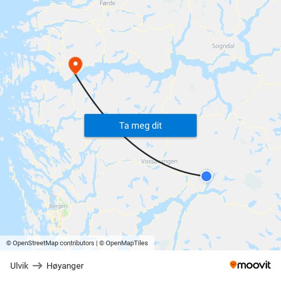 Ulvik to Høyanger map