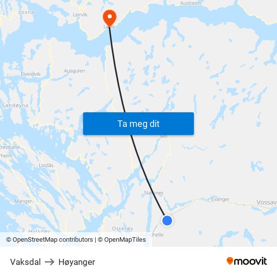 Vaksdal to Høyanger map