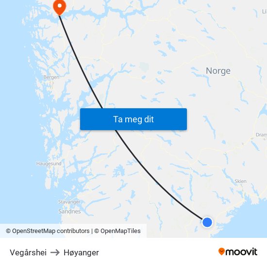 Vegårshei to Høyanger map