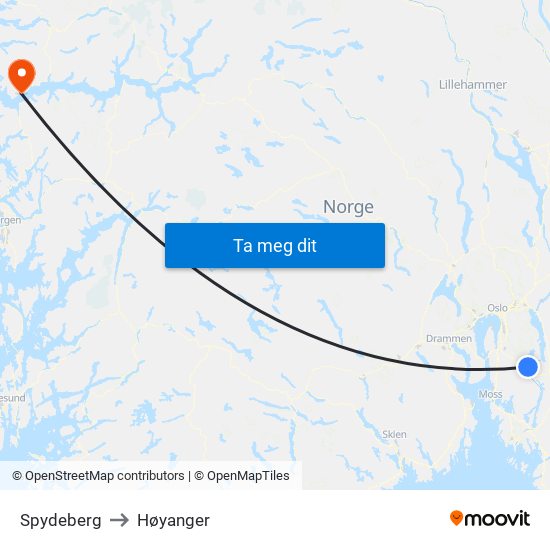 Spydeberg to Høyanger map