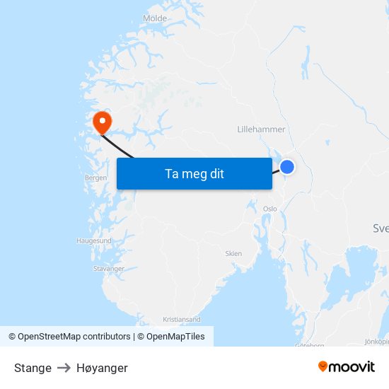 Stange to Høyanger map