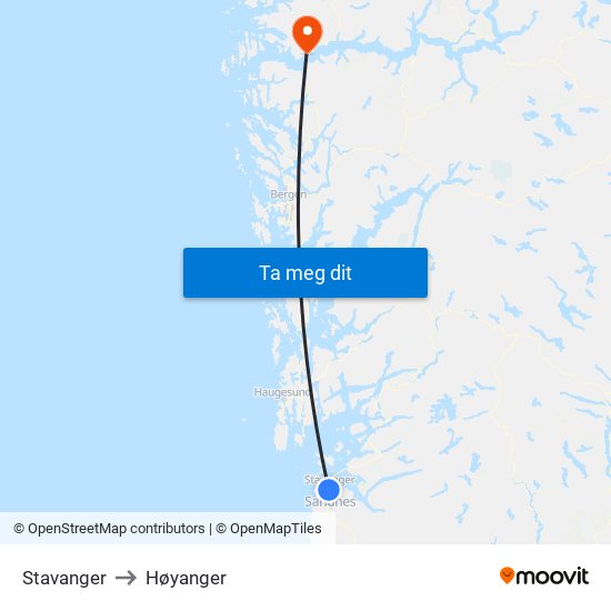 Stavanger to Høyanger map