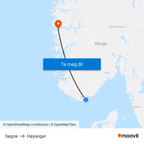 Søgne to Høyanger map