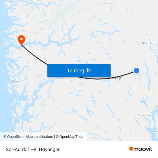 Sør-Aurdal to Høyanger map