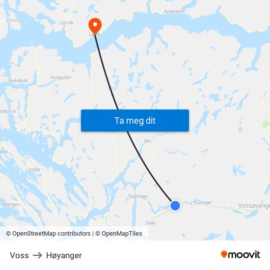 Voss to Høyanger map