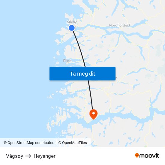 Vågsøy to Høyanger map