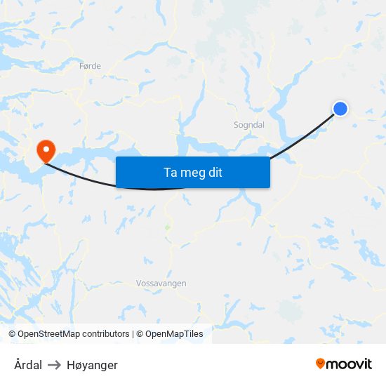 Årdal to Høyanger map