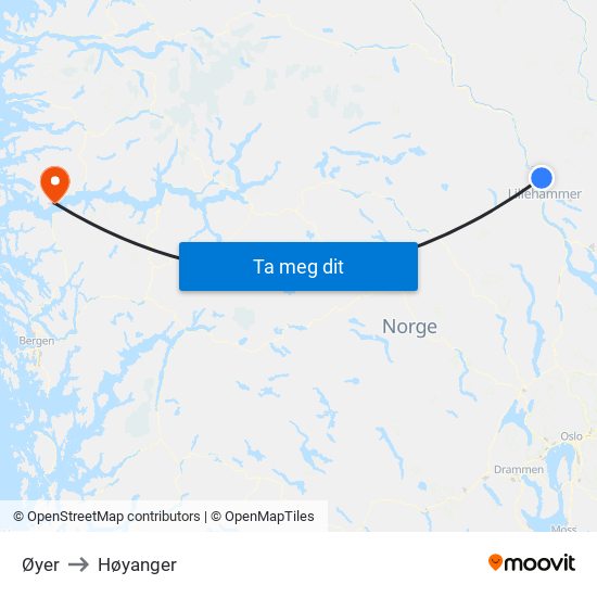 Øyer to Høyanger map