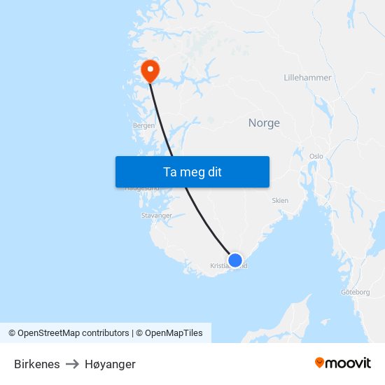 Birkenes to Høyanger map