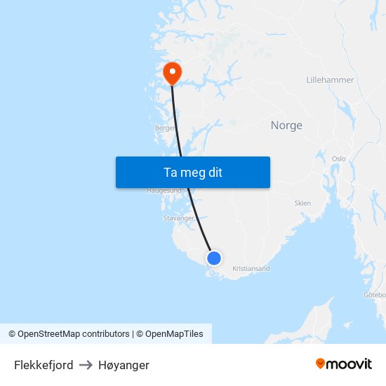 Flekkefjord to Høyanger map