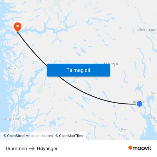 Drammen to Høyanger map