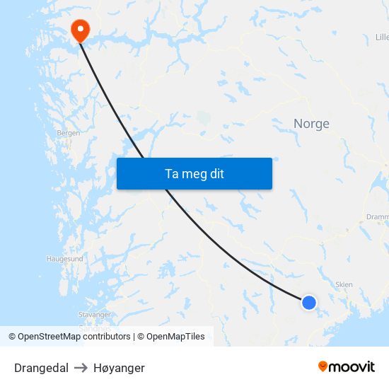 Drangedal to Høyanger map